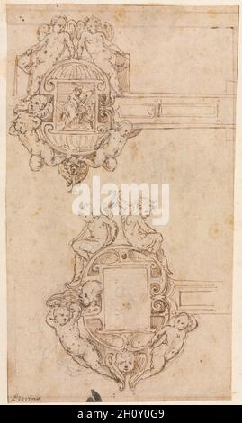 Design für Dekorative Scharniere (recto), Mitte 1500. Luzio Romano (Italienisch, aktiv 1528-75). Stift und braune Tinte über schwarzer Kreide; Rahmenlinien in brauner Tinte (unten links, oben rechts); Blatt: 29.8 x 17.5 cm (11 3/4 x 6 7/8 Zoll); sekundärer Träger: 40.2 x 25.4 cm (15 13/16 x 10 Zoll). Stockfoto