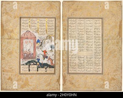 Nushirwan hört den Eulen (recto) zu; die Geschichte von Nushirwan und seinem Minister, „der dritte Diskurs über verschiedene Ereignisse und Unordnung im Leben“ (verso) aus einem Khamsa (Quintett) von Nizami (1141-1209), 1555-65. Iran, Qazvin, Safavid-Zeit (1501-1722). Deckendes Aquarell, Tinte und Gold auf Papier; Blatt: 32.7 x 21.8 cm (12 7/8 x 8 9/16 Zoll); Bild: 20.3 x 12.7 cm (8 x 5 Zoll); Textbereich: 20.3 x 12.7 cm (8 x 5 Zoll). Diese Szene stammt vom Makhzan al-Ashrar, dem ersten Quintett. Obwohl es historisch orientierter war als die folgenden Gedichte, diente es mehr als Vehikel für moralisierende Geschichten als für Hi Stockfoto