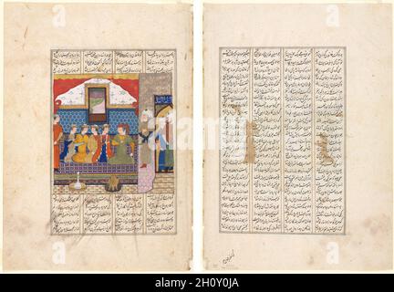 Nushirwan schickt Mihran Sitad, um die Tochter des Königs von China (Recto) zu holen, das 40. Jahr der Herrschaft Nushirwans. Der Kampf der Khaqan von China mit den Haithaliern (Verso) , c. 1482. Iran, Shiraz, Timuridzeit (1370-1501). Deckendes Aquarell, Tinte und Gold auf Papier; Bild: 14.7 x 15 cm (5 13/16 x 5 7/8 Zoll); insgesamt: 32.5 x 23.2 cm (12 13/16 x 9 1/8 Zoll); Textbereich: 23 x 15.5 cm (9 1/16 x 6 1/8 Zoll). Die iranischen Maltraditionen, einen konzeptuellen Raum, Symmetrie und Dekoration zu schaffen, zeichnen diese Illustration einer Szene im Leben des schiitischen Imam Ali, Schwiegersohn o, aus Stockfoto