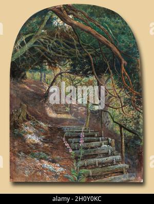 Steps in a Garden, 1860. William Henry Millais (Großbritannien, 1828-1899). Aquarell und Gouache mit kratzfester Technik zur Hervorbringung von Highlights auf robustem, gewobntem Papier, das vom Künstler mit Farbtests an den Rändern der Halterung montiert wurde; Blatt: 33.8 x 26 cm (13 5/16 x 10 1/4 Zoll); sekundärer Träger: 39 x 32.4 cm (15 3/8 x 12 3/4 Zoll). William Henry Millais war eng mit den Gründungsmitgliedern der Präraffaeliten-Bruderschaft verbunden. Er skizzierte ausführlich aus der Natur in den frühen 1850er Jahren. Hier malte Millais eine abgeschiedenen Landschaft aus rauhen Schritten, die einen schattigen Hang hinaufsteigen. A smattering o Stockfoto