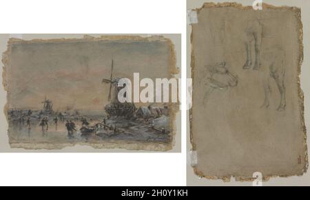 Anzeigen von Arnheim (recto) Studium der einen Stier (verso), 1864. Johan Barthold Jongkind (Niederländisch, 1819-1891). Schwarze Kreide, Aquarell und Gouache; Blatt: 31,1 x 47,8 cm (12 1/4 x 18 13/16 in.). Stockfoto
