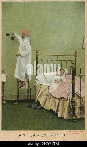 'An Early Riser': Vintage Edwardian Bamforth Comic Series Postkarte, datiert 1909, Nummer 1292 Stockfoto