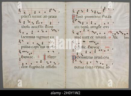 Bifolium aus einem Antiphonar: Musik, c. 1320-1340. Primo Miniatore di San Domenico (Italienisch). Tinte, Tempera und Gold auf Pergament; Blatt: 51 x 37.7 cm (20 1/16 x 14 13/16 Zoll). Die Darstellung des Heiligen Dominikus (1170–1221), des Gründers des Dominikanerordens der Prediger, in dieser Initiale deutet darauf hin, dass diese Doppelseite einmal Teil eines Manuskripts war, das für ein Dominikanerkloster angefertigt wurde. Der heilige Dominikus reiste viel und predigte durch ganz Europa und wurde besonders in Bologna verehrt, der Stadt, in der er starb und begraben wurde. Der Illuminator dieser Initiale ist nach einem von ihm dekorierten Band benannt Stockfoto