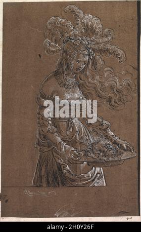 Salome mit dem Haupt des heiligen Johannes der Täufer, c. 1517. Albrecht Altdorfer (Deutsch, c. 1480-1538). Stift und braune Tinte und Pinsel und weiße Gouache, Rahmen Linien in schwarzer Tinte ; Blatt: 19.1 x 12.6 cm (7 1/2 x 4 15/16 Zoll); sekundäre Unterstützung: 20 x 13 cm (7 7/8 x 5 1/8 Zoll). Die Geschichte von Salome wird in den biblischen Evangelien von Markus und Matthäus beschrieben. Nachdem sie für König Herodes von Galilee, ihren neuen Stiefvater, getanzt hatte, wurde ihr jeder Wunsch zuteil, den sie sich wünschte. Beeinflusst von ihrer Mutter Herodias, bat sie darum, dass Johannes der Täufer, der damals für die Verurteilung der Ehe von Herodes und Herodias inhaftiert war, hingerichtet werden sollte. Hier, Stockfoto