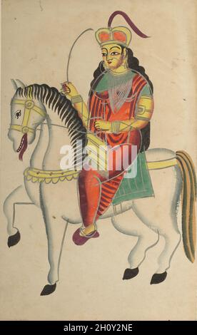 Die Meuterei der Heldin Rani Lakshmi Bai aus Jhansi, c. 1890. Ostindien, Bengalen, Kalkata, Kalighat. Aquarell, Graphit, Tinte und Zinn auf Papier; sekundärer Träger: 48.5 x 29.6 cm (19 1/8 x 11 5/8 Zoll); nur Malerei: 45.5 x 28 cm (17 15/16 x 11 Zoll). Rani Lakshmi Bai war eine Witwe von Raja Gangadhar Rao, dem Maharaja von Jhansi, dessen Staat von den Briten annektiert worden war. Am 10. Juni 1857 wurde sie nach einem Massaker von einheimischen indischen Truppen an Europäern zur Herrscherin ernannt. Sie war eine der ersten Freiheitskämpfer und Widerstand den Briten und wurde im Juni 1858 getötet. Später wurde sie eine legendäre Mu Stockfoto