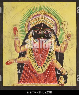 Zwei Aspekte von Kali: Kali verankert, c. 1890. Ostindien, Bengalen, Kalkata, Kalighat. Aquarell, Graphit und Tinte auf Papier; insgesamt 49.5 x 29 cm (19 1/2 x 11 7/16 Zoll). Stockfoto