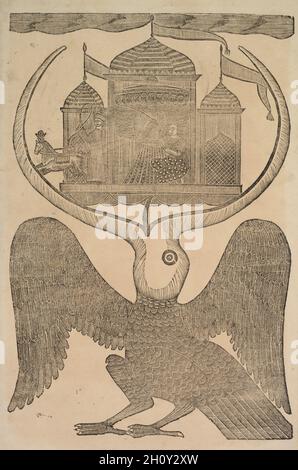Jatayu (Rama'a mythischer Vogel) behindert Ravanas Chariot und versucht, die Entführung von Sita (Recto), c. 1890. Shri Gobinda Chandra Roy. Holzschnitt; schwarze Tinte auf Papier; sekundäre Unterstützung: 49.8 x 31.4 cm (19 5/8 x 12 3/8 Zoll); nur auf dem Bild: 40.6 x 26.5 cm (16 x 10 7/16 Zoll). Stockfoto