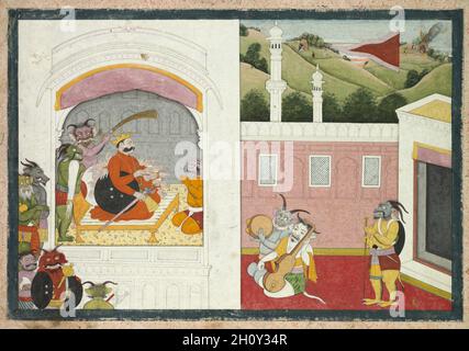 König Bana genießt Musik in seinem Hof, aus der Usha-Aniruddha-Sektion eines Krishna Lila, c. 1760–70. Indien, Pahari Hills, Guler School, 18. Jahrhundert. Tinte und Farbe auf Papier; insgesamt 21.9 x 32.1 cm (8 5/8 x 12 5/8 Zoll). Stockfoto