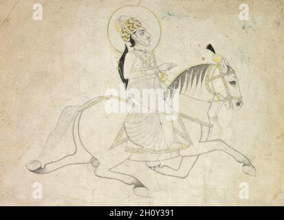 Jai Singh III von Jaipur (r. 1818-1835) Reiten, c. 1820. Nordwestindien, Rajasthan, Jaipur. Tinte und Farbe auf Papier; insgesamt 10 x 14.3 cm (3 15/16 x 5 5/8 Zoll). Im Gegensatz zur kaiserlichen Mughal Malerei und westlichen Portraits, native oder Rajput indischen Porträts sind einfacher und monumentaler im Design, stehen im Wesentlichen als Symbole der allgemeinen Ideen. Hier sitzt der Herrscher Rajput unberührt vom Galopp seines Berges, mit den Insignien eines Kriegers und den Andachtszeichen eines Anhängers des Hindu-gottes Vishnu auf seiner Stirn. Er wird als idealer Kriegerkönig dargestellt, fromm, in voller Kontrolle, Stockfoto