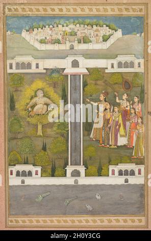 Mahliqa, Tochter des chinesischen Imperators, zeigt auf den Vogel-Mann Khwaja Mubarak: Ein Blatt aus einer poetischen Romanze in Bezug auf Shah Alam I (verso); Stenciled Szenen of Lion and Gazelle (verso), c. 1710. Mogulindien. Deckendes Aquarell mit Gold auf Papier (recto); Tinte und Gold auf rosafarbenem Papier (verso); Seite: 42.2 x 28.5 cm (16 5/8 x 11 1/4 Zoll). Eine persische Inschrift identifiziert den Vogelmann im Baum namentlich, aber der Text, in dem er erscheint, bleibt unidentifiziert. Ebenfalls unbekannt ist die chinesische Prinzessin Mahliqa („die ein Gesicht wie der Mond hat“), benannt in einer persischen Inschrift, in der geschrieben steht Stockfoto