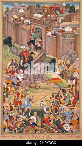 Die Belagerung von Arbela in der Ära von Hulagu Khan, Seite aus einem Chingiz-Nama (Buch von Chingiz Khan) des Jami al-tavarikh (Kompendium der Chroniken) von Rashid al-DIN (Persisch,1247–1318), c. 1596. Basavana (indisch, aktiv c. 1560–1600), Sur Das (Indisch). Farbe auf Papier; Bild: 34 x 20 cm (13 3/8 x 7 7/8 Zoll); insgesamt: 38.5 x 25 cm (15 3/16 x 9 13/16 Zoll); mit Matte: 49 x 36.3 cm (19 5/16 x 14 5/16 Zoll). Akbar, der dritte Moghul-Kaiser von Indien, gab eine illustrierte Kopie der Chingiz-Nama in Auftrag, einem historischen Text, der Anfang des 13. Jahrhunderts auf Persisch von einem jüdischen Gelehrten geschrieben wurde, der zur Isla konvertierte Stockfoto