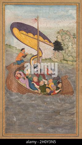 Jesus wurde während eines Ungewitters am See von Galilee aus einem Spiegel der Heiligkeit (mir’at al-quds) von Pater Jerome Xavier, 1602-04, geweckt. Mughal Indien, Allahabad, gemacht für Prinz Salim (1569–1627). Undurchsichtige Aquarelle, Tinte, Farbe und Gold auf Papier; Seite: 26.2 x 15.6 cm (10 5/16 x 6 1/8 Zoll). Das Boot, das Jesus und seine Apostel trug, stieß auf einen Sturm am See von Galilee. Als die Apostel in Panik gerieten und fürchteten, dass ihr Boot sinken würde, schlief Jesus weiterhin friedlich. Der Maler illustriert den Moment, bevor Jesus von seinen Aposteln geweckt wurde, die vom Sturm und per erschreckt sind Stockfoto