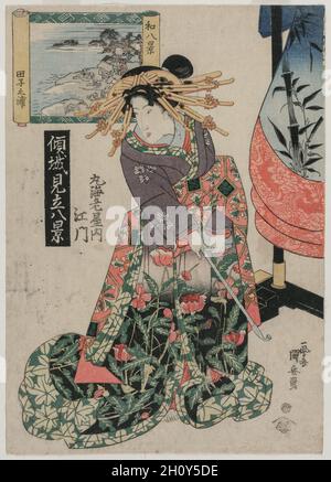 Der Kurtisane Emon von Maruebiya mit Blick auf die Tago Bay (bilden die Serie Kurtisanen mit einer verspielten Gruppe von acht Ansichten), ca. Ende der 1820er oder Anfang der 1830er Jahre. Utagawa Kuniyasu (Japanisch, 1794-1834). Farbholzschnitt; Blatt: 36.9 x 25.4 cm (14 1/2 x 10 Zoll). Stockfoto