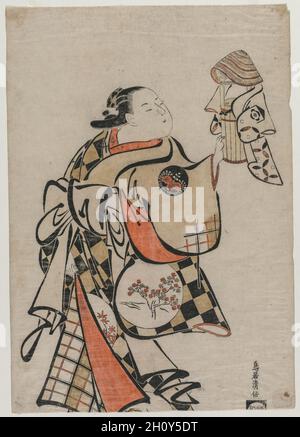 Fujimura Handayu als Kurtisane, Mitte 1710. Torii Kiyomasu (Japanisch). Handkolorierter Holzschnitt; Blatt: 46.7 x 31.5 cm (18 3/8 x 12 3/8 Zoll). In dieser Theaterszene hält der Schauspieler Fujimura Handay einen kleinen Holzeimer in der Hand. Der Eimer ist mit einem Strohhut und einer Robe "bekleidet", die mit dem Wappen eines der Soga-Brüder verziert ist, die Gegenstand einer beliebten japanischen Rachegeschichte waren. Stockfoto