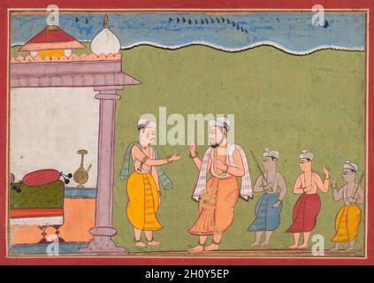 Nanda löst Vasudevas Dilemma, von einem Bhagavata Purana, c. 1610. Nordwestliches Indien, Rajasthan, Rajput Königreich Bikaner. Gummitemperatur und Gold auf Papier; Blatt: 24.8 x 29.9 cm (9 3/4 x 11 3/4 Zoll). Drei Kuhhirtenjungen stehen hinter ihrem Dorfältesten Nanda, der sich bereit erklärt, den neugeborenen Krishna, eine Inkarnation eines Hindu-gottes, zu verbergen. Links ist Krishnas Vater Vasudeva, der diese Bitte gestellt hat, um das Kind vor dem Abschlachten durch den despotischen König zu schützen, der eine Prophezeiung gehört hatte, dass Krishna ihn eines Tages töten würde. Dieses Gemälde ist aus einer Serie von Szenen aus einem heiligen Hindu tex Stockfoto