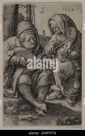 Die Musiker, 1524. Lucas van Leyden (Niederländisch, 1494-1533). Gravur; Ein Mann stimmt eine Laute mit großer Konzentration, indem er mit einer Hand eine einzelne Saite zupfen und mit der anderen den Stimmwirbel drehen. In der Nähe verbeugt sich eine Frau mit einem dreisaitigen Rebec - ein Instrument, das in Fünftel gestimmt ist wie eine Geige, das normalerweise zum Spielen von Tanzmusik verwendet wird. Das kostspielige Flechten, das den Mantel des Mannes schmückt, und seine eng anliegenden Strümpfe und spitzen Holzsandalen deuten auf die Kleidung der höfischen Klasse Ende des 15. Jahrhunderts hin. Die Gravur wurde als Darstellung von ehelicher Harmonie und langjähriger Treue interpretiert. Stockfoto