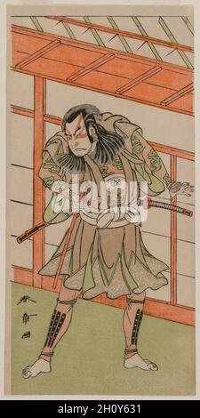 Der Schauspieler Onoe Mtsusuke. Katsukawa Shunshō (Japanisch, 1726-1792). Farbholzschnitt; Bild: 31.5 x 15.4 cm (12 3/8 x 6 1/16 Zoll). Shunsho war ein bekannter Maler und Grafiker in Edo (dem heutigen Tokio), der das Schauspielerdruckfeld dominierte. Er war als Lehrer für einige der talentiertesten Künstler der nächsten Generation sehr wichtig, darunter Shunko, Shunzan und Shunei. Stockfoto