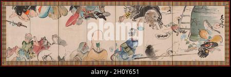 Sammlung von Otsu-e-Themen, Ende des 19. Jahrhunderts. Shibata Zeshin (Japanisch, 1807-1891). Achtfach klappbarer Bildschirm, Tinte und Farbe auf Hanf; Bild: 101 x 396 cm (39 3/4 x 155 7/8 Zoll); insgesamt: 170 x 336 cm (66 15/16 x 132 5/16 Zoll); geschlossen: 170 x 11.7 x 61.6 cm (66 15/16 x 4 5/8 x 24 1/4 Zoll). Diese lebhafte Szene zeigt eine Sammlung von Stockfiguren aus Otsu-e oder „Otsu-Gemälden“. Otsu-e waren Volksbilder, die als Andenken für Reisende angefertigt wurden, die den Bahnhof von Otsu entlang des Tokaido, der Strecke von Edo (dem heutigen Tokio) nach Kyoto, durchqueren. Parodien von Standard-Ukiyo-e-Kompositionen featurin Stockfoto