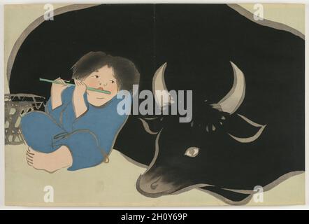 Blumen der hundert Welten (Momoyogusa): Oxherd (Bokudo), 1909-10. Kamisaka Sekka (Japanisch, 1866-1942). Farbholzschnitte mit Gold und Silber; Blatt: 29.9 x 22.1 cm (11 3/4 x 8 11/16 Zoll). Dieser Druck aus einem Satz von drei Holzschnitt-gedruckten Alben zeigt die Grafikdesign-Fähigkeiten von Kamisaka Sekka. Die Bilder wurden zunächst einzeln an Abonnenten der Serie verteilt, später aber in gebundener Form, wie dieses Buch, für Massenkonsumenten neu aufgelegt. Jeder Druck enthält eine Vignette aus der Natur oder japanischer Literatur. Viele der Szenen haben eine lange Geschichte in Japan, die ihren Ursprung in den 900er oder 1 Stockfoto