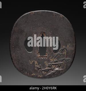 Schwertwächter (Tsuba), Anfang des 19. Jahrhunderts. Japan, Edo-Zeit (1615-1868). Eisen; insgesamt: 8 x 8.4 cm (3 1/8 x 3 5/16 Zoll). Stockfoto