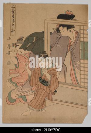 Kiyomizu Komachi aus der Serie Little Seedlings: Seven Komachi, um 1803. Kitagawa Utamaro (Japanisch, 1753?-1806). Farbholzschnitt; Blatt: 37.4 x 26.4 cm (14 3/4 x 10 3/8 Zoll). Stockfoto