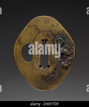 Schwertwächter (Tsuba) mit Zhong Kui (Shoki), dem Dämon Queller, Anfang des 19. Jahrhunderts. Japan, Edo-Zeit (1615-1868). Eisen; insgesamt: 5.4 x 6.8 cm (2 1/8 x 2 11/16 Zoll). Stockfoto