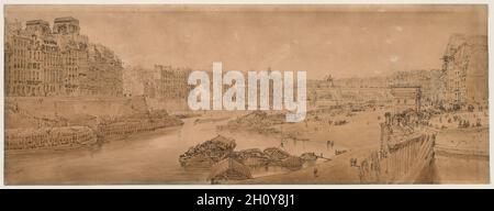 Eine Auswahl von zwanzig der malerischsten Ansichten in Paris: Blick auf die Stadt mit dem Louvre von der Pont Marie, 1802. Thomas Girtin (Großbritannien, 1775-1802). Weich gemahlenes Ätzen mit Bistrenwäsche; Stockfoto