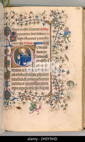 Stunden von Karl dem Noblen, König von Navarra (1361-1425): Fol. 291v, St. Louis, c. 1405. Master of the Brussels Initials and Associates (Französisch). Tinte, Tempera und Gold auf Pergament; Codex: 20.3 x 15.7 x 7 cm (8 x 6 3/16 x 2 3/4 Zoll). Dieser wertvolle Band wurde offensichtlich von seinem Besitzer, dem in Frankreich geborenen König von Navarra, hochgeschätzt, der sein Wappen auf nicht weniger als zwanzig Folios malen ließ. Anstatt dieses Manuskript direkt aus einer bestimmten Werkstatt in Auftrag zu geben, scheint es, dass Charles der Noble sein Stundenbuch - vielleicht fertig für den Luxusmarkt - während einer Reise nach Paris erworben hat Stockfoto