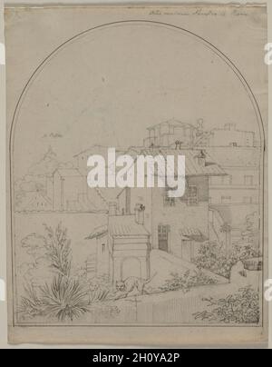 Blick von meinem Fenster in Rom (recto), c. 1819. Carl Ludwig Tischbein (Deutsch, 1797-1855). Graphit und Stift und graue Tinte, Rahmenlinien in Stift und schwarzer Tinte und Graphit; Blatt: 22.4 x 17.1 cm (8 13/16 x 6 3/4 Zoll); Bild: 20.5 x 16.8 cm (8 1/16 x 6 5/8 Zoll). Carl Ludwig Tischbein war einer von vielen Künstlern, die im frühen 19. Jahrhundert aus ganz Europa nach Rom reisten und sich von der antiken Vergangenheit der Stadt und der umliegenden Landschaft inspirieren ließen. Diese Ersatzzeichnung verwendet Tischbein's Fenster als kompositorische Einrichtung und umrahmt einen zwanglosen Blick auf Dächer und ummauerte Gärten, die von einer VA bevölkert sind Stockfoto