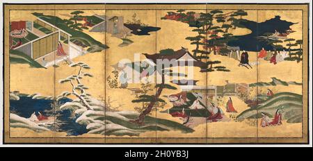 Szenen aus der Geschichte von Genji, Ende des 17. Jahrhunderts. Japan, Edo-Zeit (1615-1868). Eines von zwei sechs-Panel-Faltschirmen; Tinte, Farbe und Gold auf vergoldetem Papier; Bild: 154.5 x 351.2 cm (60 13/16 x 138 1/4 Zoll). Klappwände dienten als temporäre Trennwände in traditionellen japanischen, offenen Architekturräumen. Dieses Paar wurde von Japans berühmtem literaturwerk The Tale of Genji inspiriert, das von Murasaki Shikibu geschrieben wurde, einem Begleiter der Kaiserin am kaiserlichen Hof des frühen 11. Jahrhunderts. Der Roman folgt dem Liebesleben des „Shining Prince“ Genji und taucht in die psychologischen Zustände ein Stockfoto