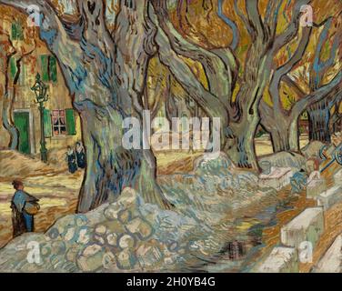 Die großen Platanen (Road Menders in Saint-Rémy), 1889. Vincent van Gogh (Niederländisch, 1853-1890). Öl auf Stoff; gerahmt: 104.5 x 124.5 x 7.6 cm (41 1/8 x 49 x 3 Zoll); ungerahmt: 73.4 x 91.8 cm (28 7/8 x 36 1/8 Zoll). 1889, nach einem schweren Halluzinationsanfall, verpflichtete sich Van Gogh in ein Asyl in der Nähe von Saint-Rémy. Als er durch die Stadt ging, die fiel, war er beeindruckt von dem Anblick von Männern, die eine Straße unter riesigen Platanen reparierten. Eilend, die vergilbten Blätter einzufangen, malte er diese Komposition auf ein ungewöhnliches Tuch mit einem Muster aus kleinen roten Diamanten, das im Bild zu sehen ist Stockfoto