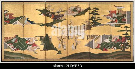 Szenen aus der Geschichte von Genji, Ende des 17. Jahrhunderts. Japan, Edo-Zeit (1615-1868). Einer von zwei sechs-Panel-Faltschirmen; Tinte und Farbe auf vergoldetem Papier; Bild: 154.5 x 351.2 cm (60 13/16 x 138 1/4 Zoll). Klappwände dienten als temporäre Trennwände in traditionellen japanischen, offenen Architekturräumen. Dieses Paar wurde von Japans berühmtem literaturwerk The Tale of Genji inspiriert, das von Murasaki Shikibu geschrieben wurde, einem Begleiter der Kaiserin am kaiserlichen Hof des frühen 11. Jahrhunderts. Der Roman folgt dem Liebesleben des „Shining Prince“ Genji und taucht in die psychologischen Zustände seines m ein Stockfoto