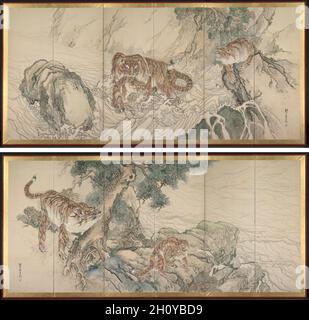 Tiger Family, Anfang des 19. Jahrhunderts. Kishi Ganku (Japanisch, 1749/56-1838). Zwei sechs-Panel-Faltschirme; Tinte und Farbe auf Papier; insgesamt 179.4 x 384.8 cm (70 5/8 x 151 1/2 Zoll). Als dieser autodidaktischer Maler seine dreißiger Jahre erreichte, waren seine Gemälde von den anspruchsvollen Mäzenen von Kyoto, darunter Mitglieder der kaiserlichen Familie, sehr begehrt. Nach den überlebenden Werken zu urteilen, freuten sich seine Anhänger über die bunten, glückverheißenden Bilder chinesischer historischer Persönlichkeiten, blühender Pflaumenbäume, Kraniche, Pfauen, Hähne, Und vor allem Tiger. Kishi Ganku stammte ursprünglich aus der Küstenstadt von Stockfoto