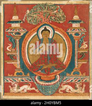 Predigen von Sakyamuni, 1000er. Westtibet, Kloster Toling, 11. Jahrhundert. Miniatur-Votivmalerei (tsai-kali); Tusche, Farbe und Gold auf Papier; insgesamt 11.6 x 10.7 cm (4 9/16 x 4 3/16 Zoll). Der Buddhismus wurde im 7. Jahrhundert in Tibet eingeführt, aber die Verfolgung, die im 9. Und 10. Jahrhundert folgte, zerstörte alle Artefakte dieser Zeit. Die früheste existierende buddhistische Kunst Tibets stammt also aus dem 11. Und 12. Jahrhundert, der sogenannten Periode der zweiten Diffusion des Buddhismus, doch nur wenige Gemälde aus dem 11. Oder 12. Jahrhundert sind erhalten geblieben. Dieses Miniaturbild ist eines dieser seltenen pa Stockfoto