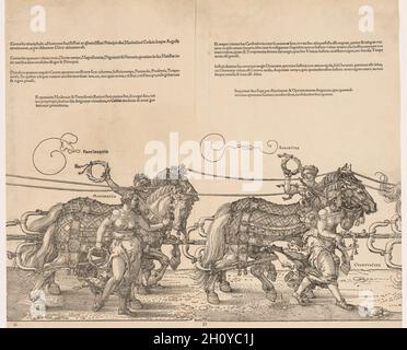 Der große Triumphwagen von Kaiser Maximilian, 1523. Albrecht Dürer (Deutsch, 1471-1528). Holzschnitt; Dürer konzipierte diesen fantastischen Wagen als Teil eines größeren auftaufens, um den Heiligen Römischen Kaiser Maximilian I. (reg. 1486–1519) in einer Triumphprozession darzustellen. Der Herrscher thront im üppigen Auto, während Victory einen Lorbeerkranz über seiner Kaiserkrone hält. Ihre gefiederten Flügel führen Maximilians Militärkampagnen auf. Fast jede Komponente des allegorischen Festzugs – vom Gefolge weiblicher Begleiter bis hin zu den Lorbeerkränzen – hat ein lateinisches Etikett, das ehrenvolle Qualitäten eines idealen Prinzen beschreibt Stockfoto