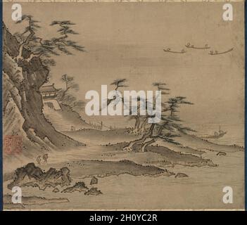 Ansicht von Xiao Xiang, c. 1478-1506. Kenkō Shōkei (Japanisch, aktiv 1478-1506). Albumblatt; Tinte und helle Farbe auf Papier; Bild: 26.8 x 30.6 cm (10 9/16 x 12 1/16 Zoll). Diese Szene illustriert das berühmte Thema von acht Ansichten des Xiao-Xiang Flusses. Dieses Thema wird auch in anderen Gemälden unserer Sammlung dargestellt. Diese besondere Szene ist bekannt als „Rückkehrende Segel vor der fernen Küste“. Stockfoto