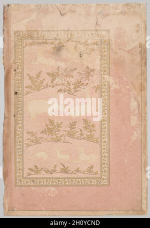 Schablonierte Szenen von Löwe und Gazelle (verso), c. 1710. Mogulindien. Tinte und Gold auf rosa gesprenkeltem Papier (verso); Seite: 42.2 x 28.5 cm (16 5/8 x 11 1/4 Zoll). Stockfoto
