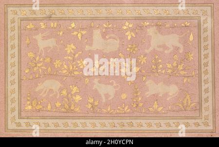Schablonierte Szenen von Löwe und Gazelle (verso), c. 1710. Mogulindien. Tinte und Gold auf rosa gesprenkeltem Papier (verso); Seite: 43 x 28.9 cm (16 15/16 x 11 3/8 Zoll). Stockfoto