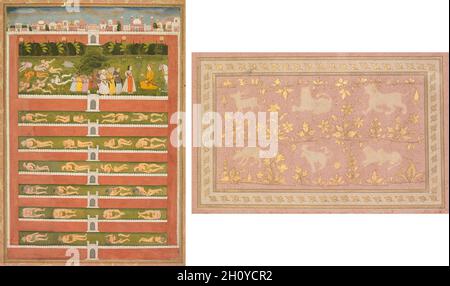 Eine Prinzessin und Dämonen vor einem Adligen: Ein Blatt aus einer poetischen Romanze in Bezug auf Shah Alam I (recto); Stenciled Szenen of Lion and Gazelle (verso), c. 1710. Mogulindien. Deckendes Aquarell mit Gold auf Papier (recto); Tinte und Gold auf rosafarbenem Papier (verso); Seite: 43 x 28.9 cm (16 15/16 x 11 3/8 Zoll). Die Quellengeschichte dieses Gemäldes bleibt für Gelehrte rätselhaft, enthält aber eine Reihe von Darstellungen des „Anderen“ – vom Fremden bis zum Dämonischen. Ein Prinz, der vor seinem Pferd kniet, spricht eine Dame an; der Mond vor ihrem Gesicht kann sie als Mahliqa („mondähnlich“ auf Arabisch) identifizieren. Stockfoto