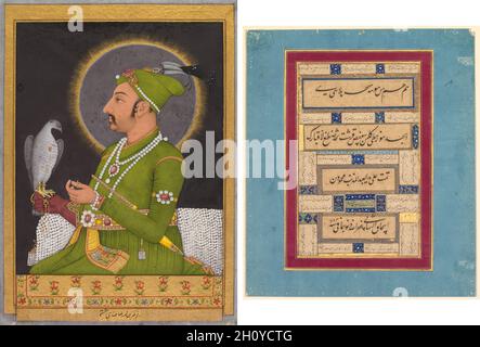 Posthume Porträt des Moghul-Kaiser Muhammad Shah (regierte 1719-1748) mit einem Falken (recto); Kalligraphie (verso), 1764. Muhammad Rizavi Hindi (Inder, aktiv Mitte 1700), Mahmud ibn Ishaq al-Shahabi (Persisch, aktiv Mitte bis Ende 1500). Undurchsichtige Aquarelle, Tinte und Gold auf Papier (recto); Tinte und undurchsichtige Aquarelle mit Gold auf Papier (verso); nur Malerei: 14.4 x 10.3 cm (5 11/16 x 4 1/16 Zoll); Seite: 28 x 23.8 cm (11 x 9 3/8 Zoll). Kaiser Muhammad Shah, der von 1719 bis 1748 regierte, war als „Rangila“ bekannt, was „farbenfroh“ bedeutet. Die innovative Verwendung eines schwarzen Hintergrunds scharf eingestellt Stockfoto