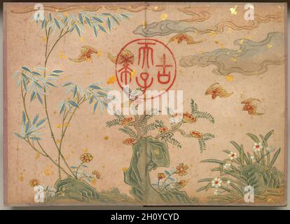Schreibtisch-Album: Blumen- und Vogelgemälde (Fledermäuse, Felsen, Blumen, kreisförmige Kalligraphie), 18. Jahrhundert. Zhang Ruoai (Chinesisch, 1713-1746). Albumblatt, Tinte und Farbe auf Papier; Bild: 14.4 x 20.3 cm (5 11/16 x 8 Zoll); Album, geschlossen: 15 x 10.8 x 3 cm (5 7/8 x 4 1/4 x 1 3/16 Zoll). Stockfoto