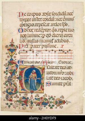 Einzelblatt aus einem Chorpsalter: Initial E[xultate Deo] mit König David spielt die Laute (Psalm 80), c. 1408. Italien, Bologna, 15. Jahrhundert. Tinte, Tempera und Gold auf Pergament; Blatt: 56.5 x 41.9 cm (22 1/4 x 16 1/2 Zoll). Dieses Blatt war einst Teil eines luxuriösen Chorsalter, der für das Franziskanerkloster von Bologna (gegründet 1229) produziert wurde. Das anfängliche E mit einem Porträt von König David illustriert die Einleitung zu Psalm 80: Exultate Deo (freut euch vor Gott). König David, als Autor der Psalmen, ist prominent in Psalter-Initialen dargestellt. Ein üppiger Sprühnebel aus buntem Acanthus hinterlässt Witz Stockfoto