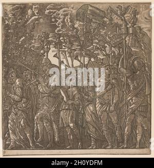 Der Triumph Julius Caesars: Soldaten mit Bannern und Standards, 1593-99. Andrea Andreani (italienisch, um 1558–1610), nach Andrea Mantegna (italienisch, 1431–1506). Der Holzschnitt „Chiaroscuro“, ein Auftragswerk des Herzogs Vincenzo Gonzaga, ist eine Serie von Chiaroscuro-Holzschnitten, die Andrea Mantegnas Triumph des Julius Caesar wiedergibt, der ein Jahrhundert zuvor gemalt wurde. Die Szenen zeigen einfallsreich die triumphale Prozession des berühmten römischen Generals und Konsuls Julius Caesar nach seiner erfolgreichen Niederlage Galliens im Jahr 52 v. Chr.. Jeder Abschnitt des durchgehenden Fries zeigt typische Elemente dieser Paraden, sanktioniert Stockfoto