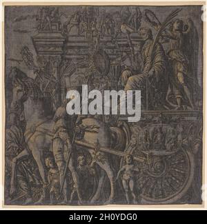 Der Triumph Julius Caesars: Caesar Triumpher, 1593-99. Andrea Andreani (italienisch, um 1558–1610), nach Andrea Mantegna (italienisch, 1431–1506). Holzschnitt auf Seide gedruckt, von Hand mit Gold erhöht; Blatt: 37.6 x 37.3 cm (14 13/16 x 14 11/16 Zoll). Diese Serie von Chiaroscuro-Holzschnitten, die von Herzog Vincenzo Gonzaga in Auftrag gegeben wurde, gibt Andrea Mantegnas Triumph des Julius Caesar wieder, der ein Jahrhundert zuvor gemalt wurde. Die Szenen zeigen einfallsreich die triumphale Prozession des berühmten römischen Generals und Konsuls Julius Caesar nach seiner erfolgreichen Niederlage Galliens im Jahr 52 v. Chr.. Jeder Abschnitt des Kontinuum Stockfoto