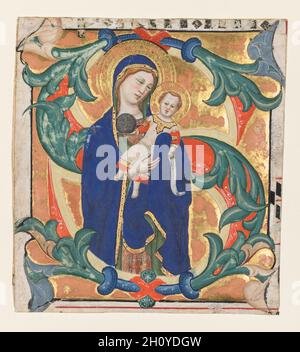 Initial S[alve sancta parens] aus einem allmählichen: Madonna und Kind, c. 1370-1374. Don Silvestro dei Gherarducci (Italienisch, 1339-1399). Tinte, Tempera und Gold auf Pergament; Blatt: 16 x 13 cm (6 5/16 x 5 1/8 Zoll). Zusammen mit mehreren anderen ausgestanzten Blättern und Miniaturen, die in verschiedenen Bibliotheken und Museen erhalten sind, war dieses verzierte Initial S Teil eines prächtigen Graduals, das im Skriptorium des Klosters Santa Maria degli Angeli in Florenz hergestellt wurde. Die Madonna mit dem Kind war ein Standardbild für die samstags-Votivmesse an die Jungfrau Maria. Diese Initiale führte ursprünglich den Text ein: Salve sancta pa Stockfoto