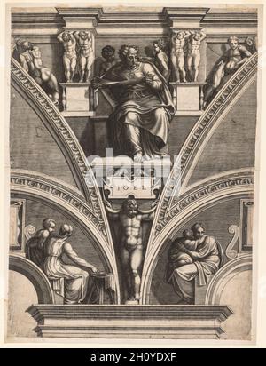 Sechs Propheten und Sibyls: Der Prophet Joel, Anfang der 1570er Jahre. Giorgio Ghisi (italienisch, 1520-1582), nach Michelangelo Buonarroti (italienisch, 1475-1564). Gravur; Blatt: 55.9 x 41.5 cm (22 x 16 5/16 in.); sekundäre Unterstützung: 57.7 x 42.9 cm (22 11/16 x 16 7/8 in.). Während der 1500er Jahre war die Decke der Sixtinischen Kapelle von Michelangelo nur selten für die Öffentlichkeit zugänglich und somit zum größten Teil unzugänglich. In der Regel durften Künstler jedoch die Kapelle besuchen, um die Gemälde zu studieren und zu zeichnen. Giorgio Ghisi tat dies in den 1540er Jahren und schuf Stiche von sechs der Propheten und sybils der Kapelle. Sein Prop Stockfoto