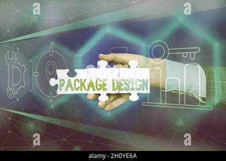 Schreiben mit Anzeige von Text Package Design. Business-Ansatz Strategie bei der Schaffung von einzigartigen Produkt Verpackung oder Container Hand halten Puzzle Stück Stockfoto