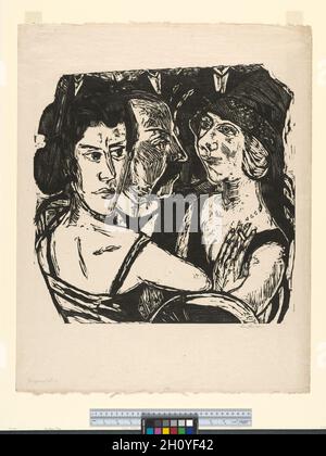 Gruppenporträt Eden Bar, 1923. Max Beckmann (Deutsch, 1884-1950), J.B. Neumann. Holzschnitt; Blatt: 70 x 56 cm (27 9/16 x 22 1/16 Zoll); Bild: 49.5 x 49.5 cm (19 1/2 x 19 1/2 Zoll). Gruppenportrait Eden Bar zeigt die Freunde der Künstlerin Elsita Lutz, eine argentinische Sängerin, die in Berlin Gesang studierte, ihren Mann Wilhelm und Johanna Loeb, die sich an einem kleinen Tisch gruppierten. Hinter den Figuren befinden sich die abgeschnittenen Körper von drei Kontrabassisten. Die Nähe der Figuren und die Unheimlichkeit der kopflosen Musiker unterstreichen die klaustrophobische, bedrückende Atmosphäre des Nachtclubs, der 1919 war Stockfoto