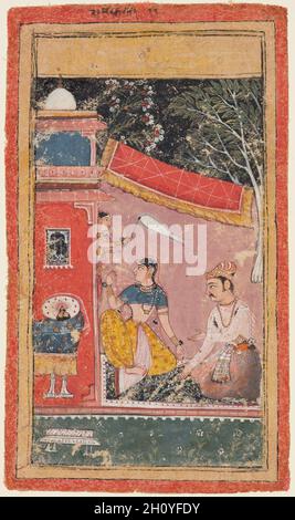 Liebhaber auf einer Terrasse: Ramakali Ramini von Hindol, aus einem Bundi Ragamala, c. 1610. Nordwestindien, Rajasthan, Rajput Königreich Bundi. Gummitemperatur und Gold auf Papier; Seite: 21.3 x 12.4 cm (8 3/8 x 4 7/8 Zoll). Auf einem Blumenteppich vor einem Schlafraum sitzend, versucht ein Adliger, der in Mughal-Kleidung einschließlich Jahangir-Periode Turban und dekorierter Schärpe gekleidet ist, seinen unzufriedensten Gemahl zu entbinden. Die Dame wendet ihr Gesicht vom Mann ab und zeigt, dass seine Appelle ignoriert wurden. Der schwarze Himmel zeigt an, dass ihr Streit mitten in der Nacht stattfindet. Stockfoto