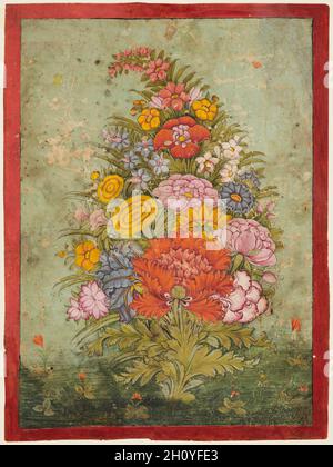 Stillleben: Blumenstrauß aus dem Gras, c. 1750. Nordwestindien, Rajasthan, Rajput Königreich Bundi. Gummitemperatur auf Papier; Seite: 32.4 x 23.5 cm (12 3/4 x 9 1/4 Zoll); Miniatur: 29.8 x 21.6 cm (11 3/4 x 8 1/2 Zoll). Studien von Blumenvasen in der europäischen Art und Weise wurde ein beliebtes Thema in der indischen Miniaturmalerei seit der Regierungszeit von Mogul-Kaiser Jahangir (r. 1605–27). Die Künstler kopierte holländische Drucke, wie die von Jan van Huysum (Niederländisch, 1682–1749), und rendert sie in Mogulform. Hier, in einem Gemälde an einem Rajasthani Gericht gemacht, wächst der gesamte Strauß magisch Stockfoto